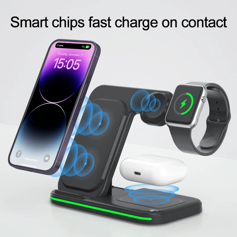 Trending 3-in-1 Wireless Charging Station for Cellphone Smartwatch Earphone 10W Output 5V/2A Type-C Port OTP/OVP Protection